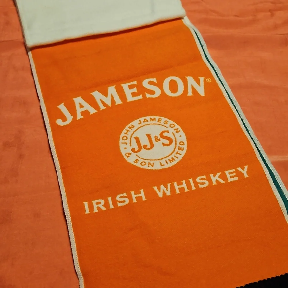 💰 VTG Jameson neck scarf whiskey green cream stripes fringe.